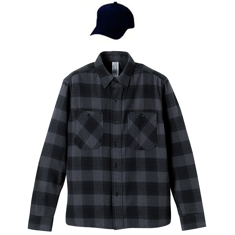 フランネル長袖シャツ コットンキャップコーディネート 学割セットアップ M～LL(XL)サイズ (グレー・ブラック+(帽子)ネイビー・ホワイト)
