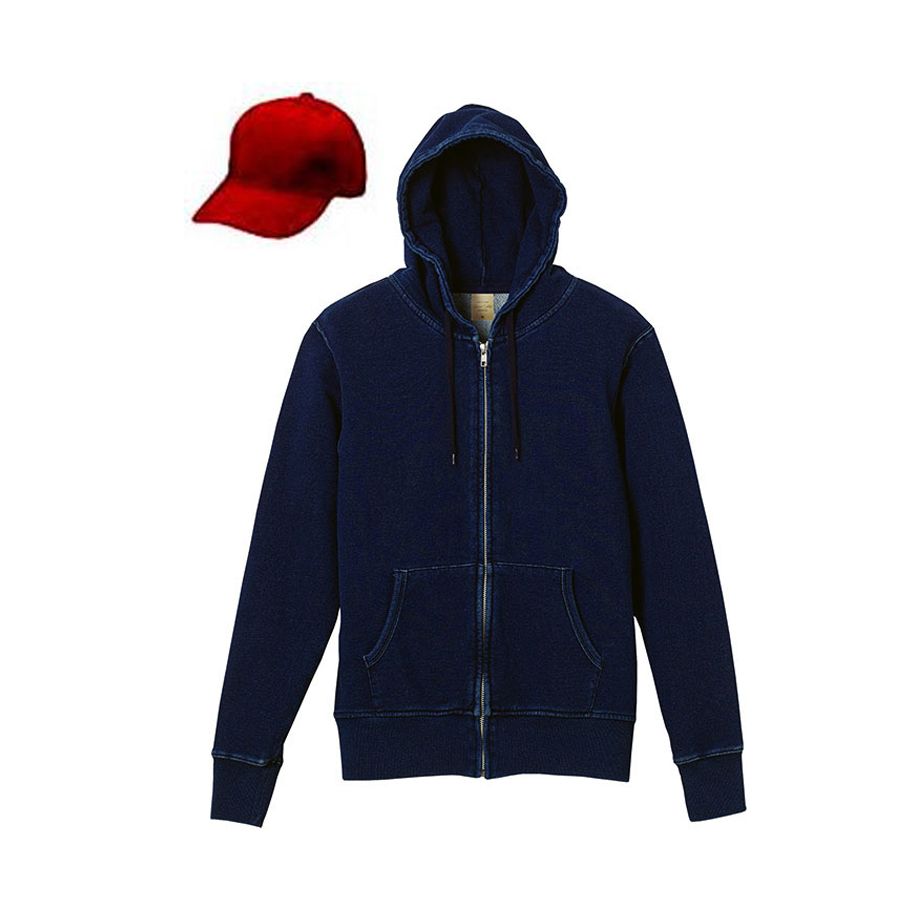 INDIGO 12.2oz デニムスウェット フルジップパーカー+コットンキャップコーディネート (ワンウォッシュ+帽子(レッド・ホワイト))