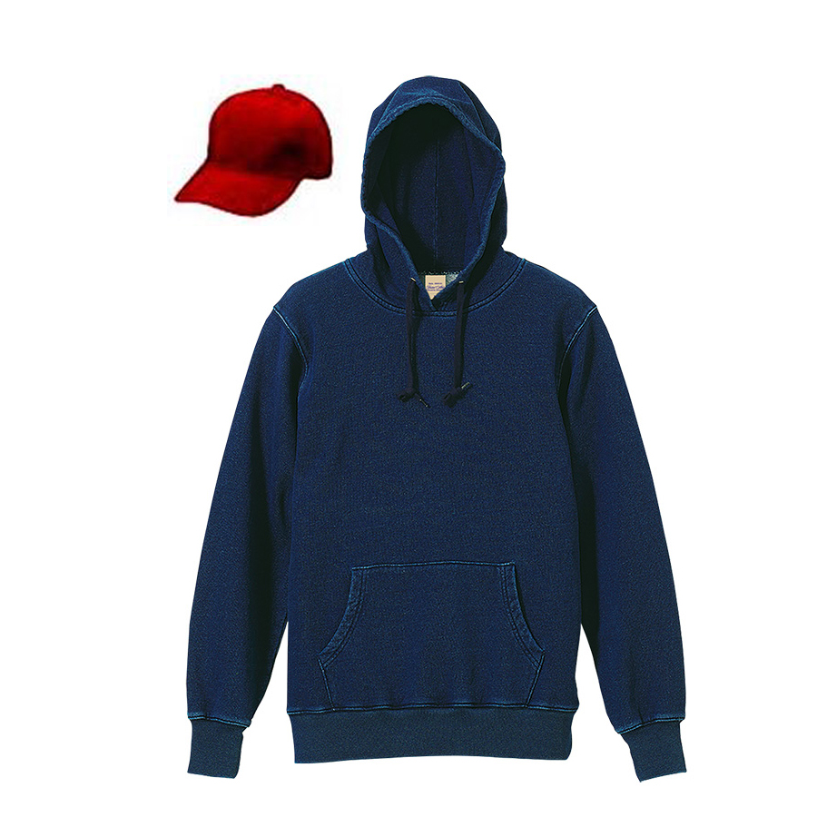 INDIGO 12.2oz デニムスウェット プルオーバーパーカー+コットンキャップコーディネート (ワンウォッシュ+帽子(レッド・ホワイト))