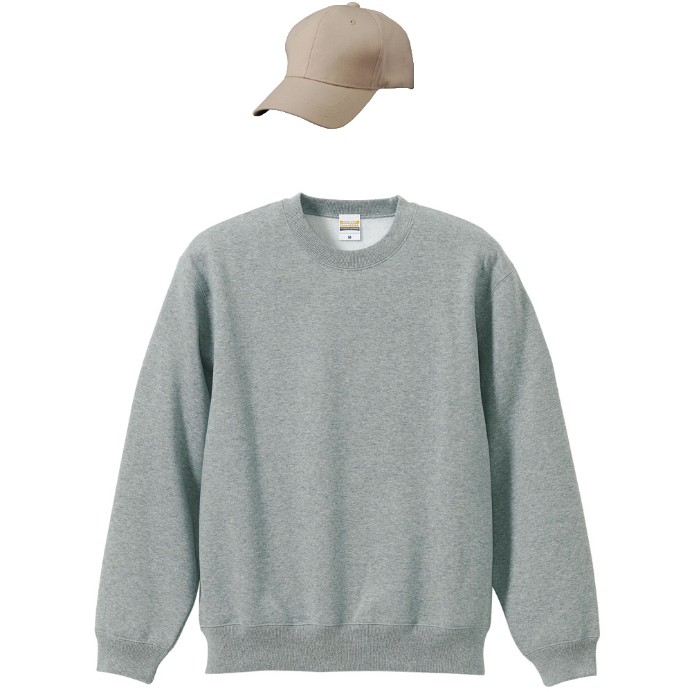 ユナイテッドアスレ 10.0oz クルーネックスウェット(裏起毛) コットンキャップコーデ S～XL (ヘザーグレー+(帽子)ベージュ)