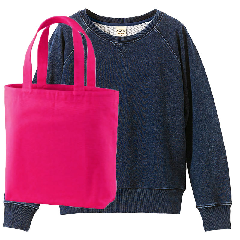 レディース クルーネックデニムスウェット(インディゴ染め)+トートバッグ コーデ学割セット