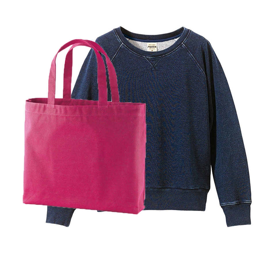 レディース クルーネックデニムスウェット(インディゴ染め)+トートバッグ(大) コーデ学割セット