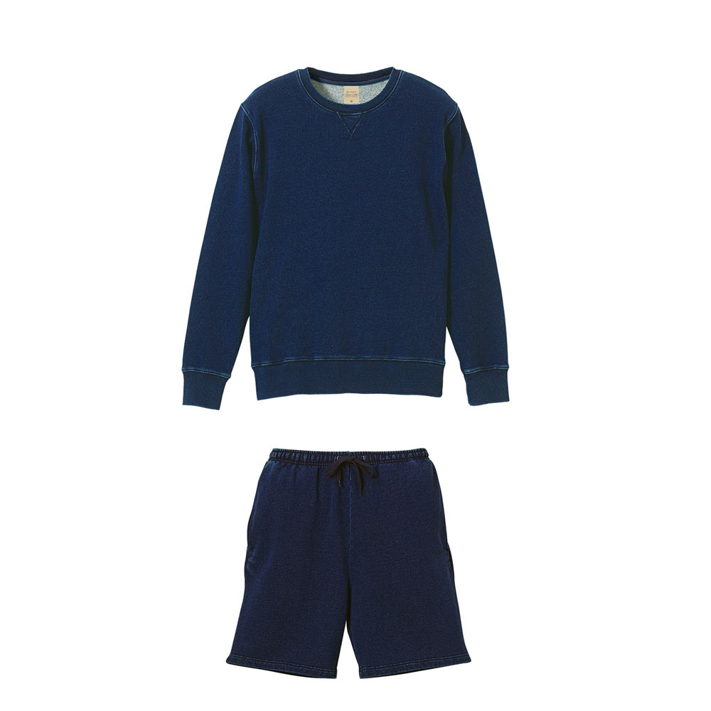 INDIGO 12.2oz クルーネックデニムスウェット上下セットアップ トレーナー+ショーツ