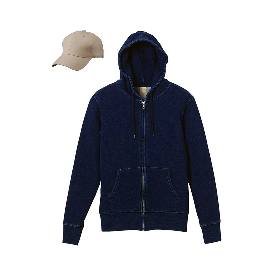 INDIGO 12.2oz デニムスウェット フルジップパーカー+コットンキャップコーデ 学割セット