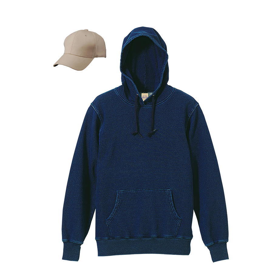 INDIGO 12.2oz デニムスウェット プルオーバーパーカー+コットンキャップコーデ学割セット