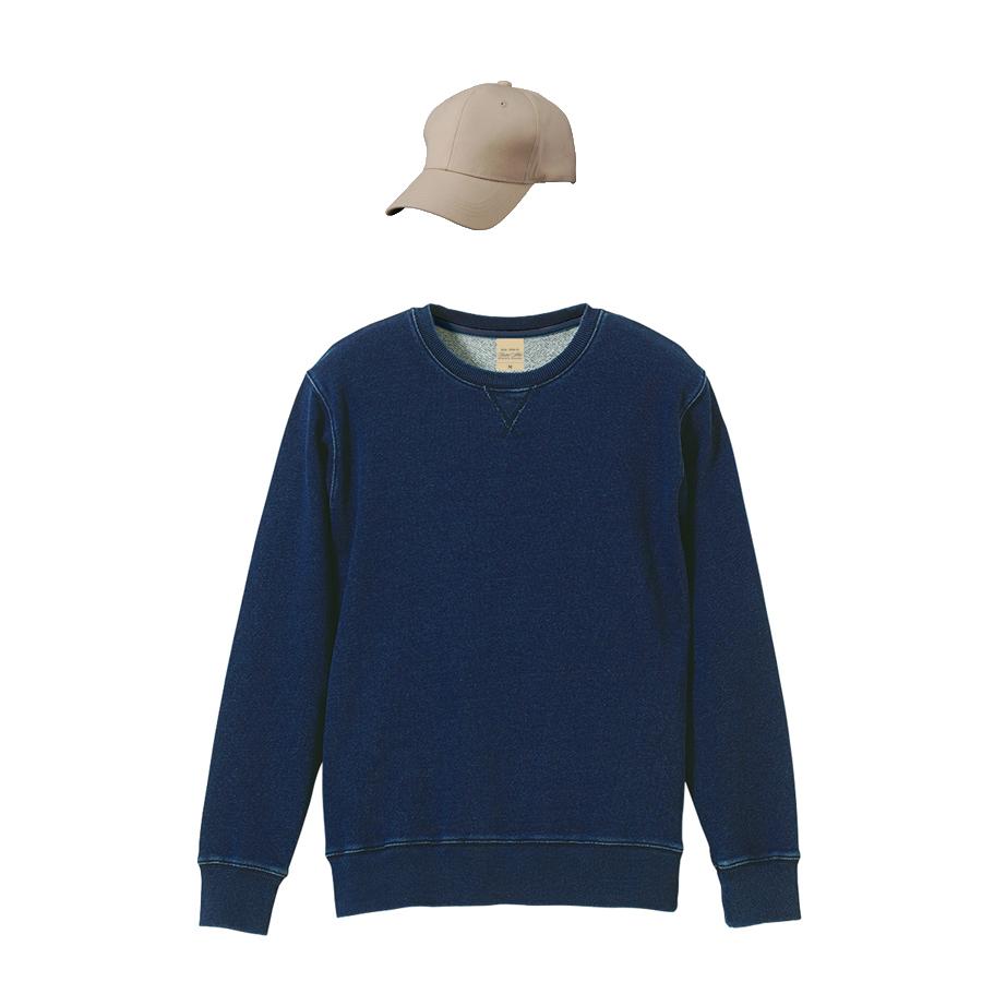 INDIGO 12.2oz クルーネックデニムトレーナー+コットンキャップコーデ　学割セットアップ