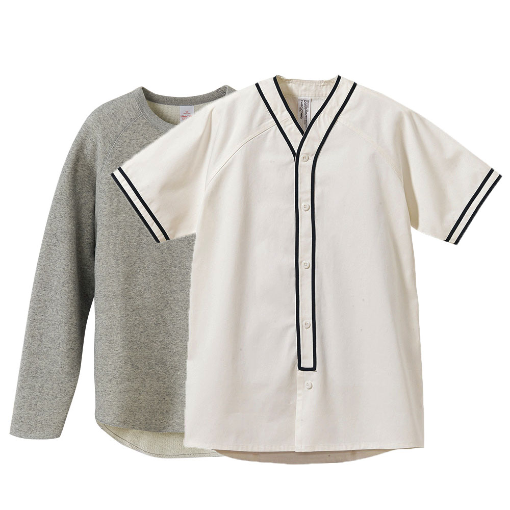 C.A.B.CLOTHING ベースボールシャツ+カットオフクルーネックスウェット 重ね着コーデ