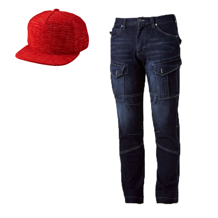 ストレッチデニムカーゴパンツ(ワンウォッシュ) S～LL メランジキャップ コーデ学割セット