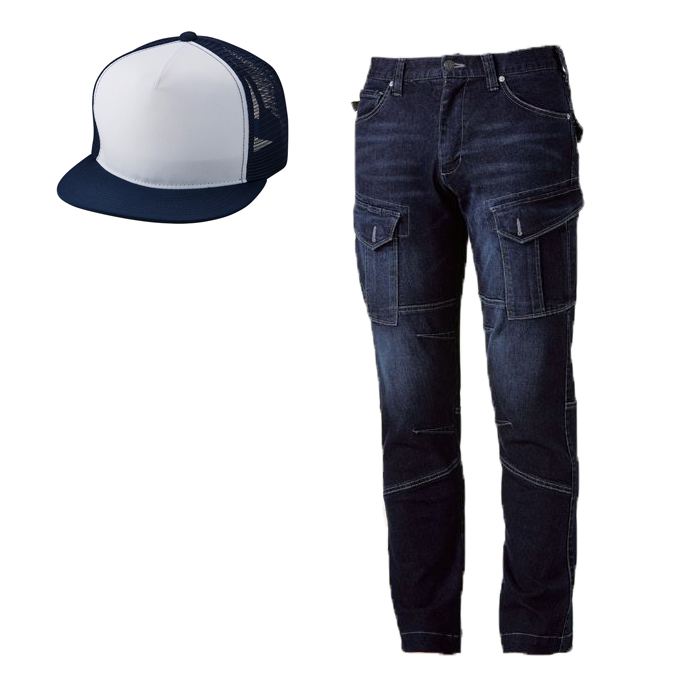 ストレッチデニムカーゴパンツ(ワンウォッシュ) S～LL フラットバイザーメッシュキャップ コーデ