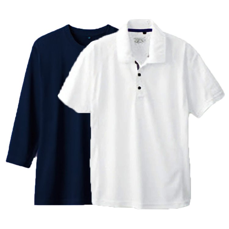 七分袖重ね着コーデ 半袖ポロシャツ(ストライプテープ)+七分袖Tシャツ S～3L