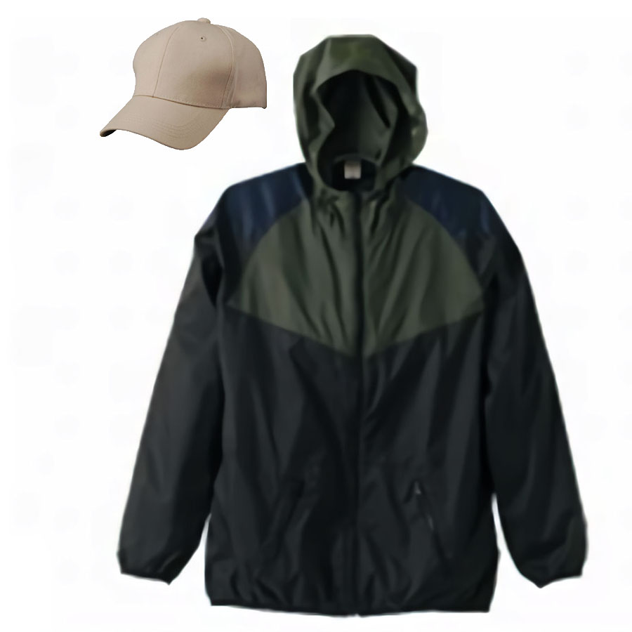 ナイロンパーカー(フード付きウィンドブレーカー)+コットンキャップ コーディネート