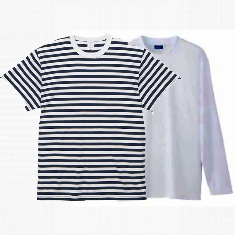 ボーダーTシャツ(半袖)+ホワイト長袖Tシャツ(袖口リブ&胸ポケット:無し) コーデ・セットアップ