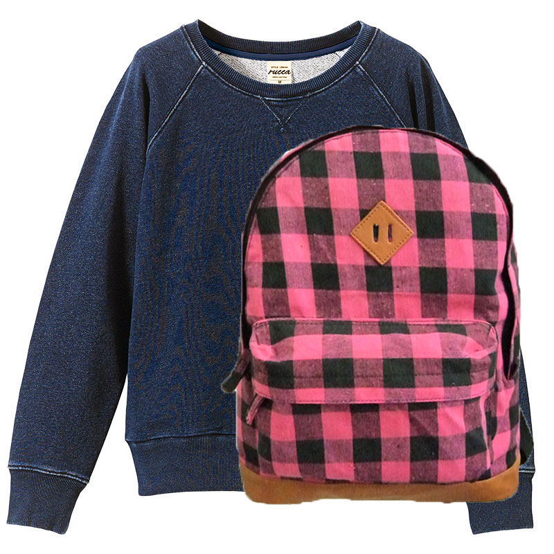 rucca 12.2oz クルーネックデニム+チェック柄デイバッグ(ピンク) for Girls.