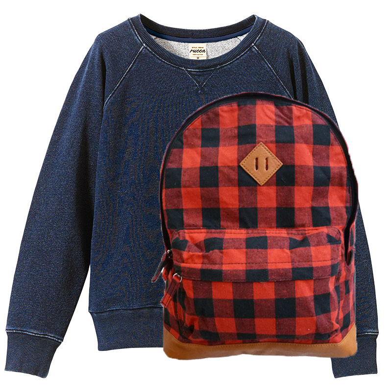 rucca 12.2oz クルーネックデニム+チェック柄デイバッグ(アカ) for Girls.