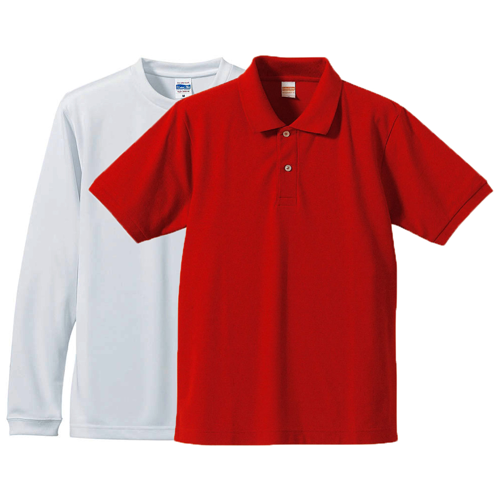 ドライシルキータッチ長袖Tシャツ+半袖ポロシャツ(レッド)重ね着コーデ 学割セット