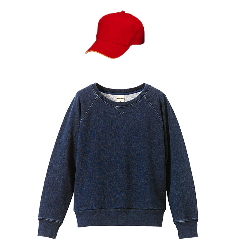 レディース クルーネックデニム(インディゴ染め)+メジャーキャップ(レッド・オレンジ) コーデセット