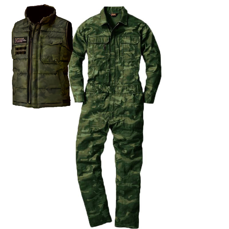 ミリタリーテイストセットアップ G.GROUND極厚防寒ベスト+迷彩色つなぎ M～LLサイズ